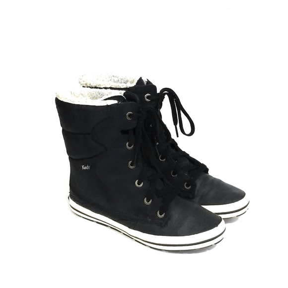 Keds Droplet Leather and Canvas Sneaker Boots in Black Fur Lined